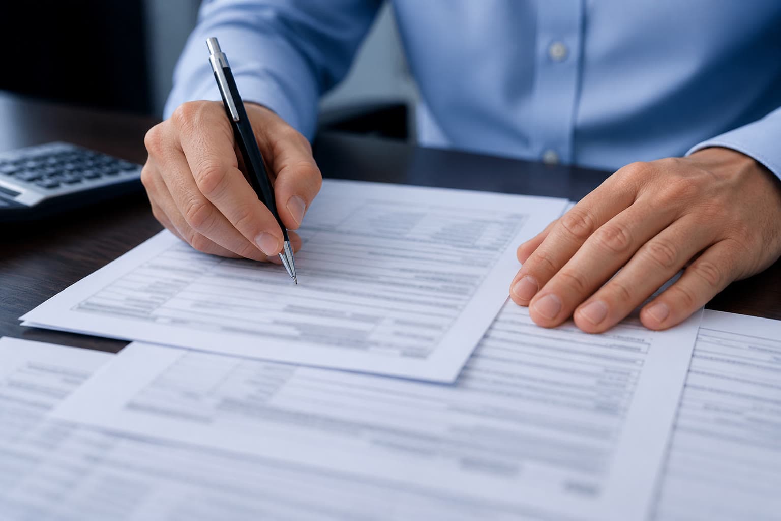 Close-up of paperwork being filled out at a tax prep desk.