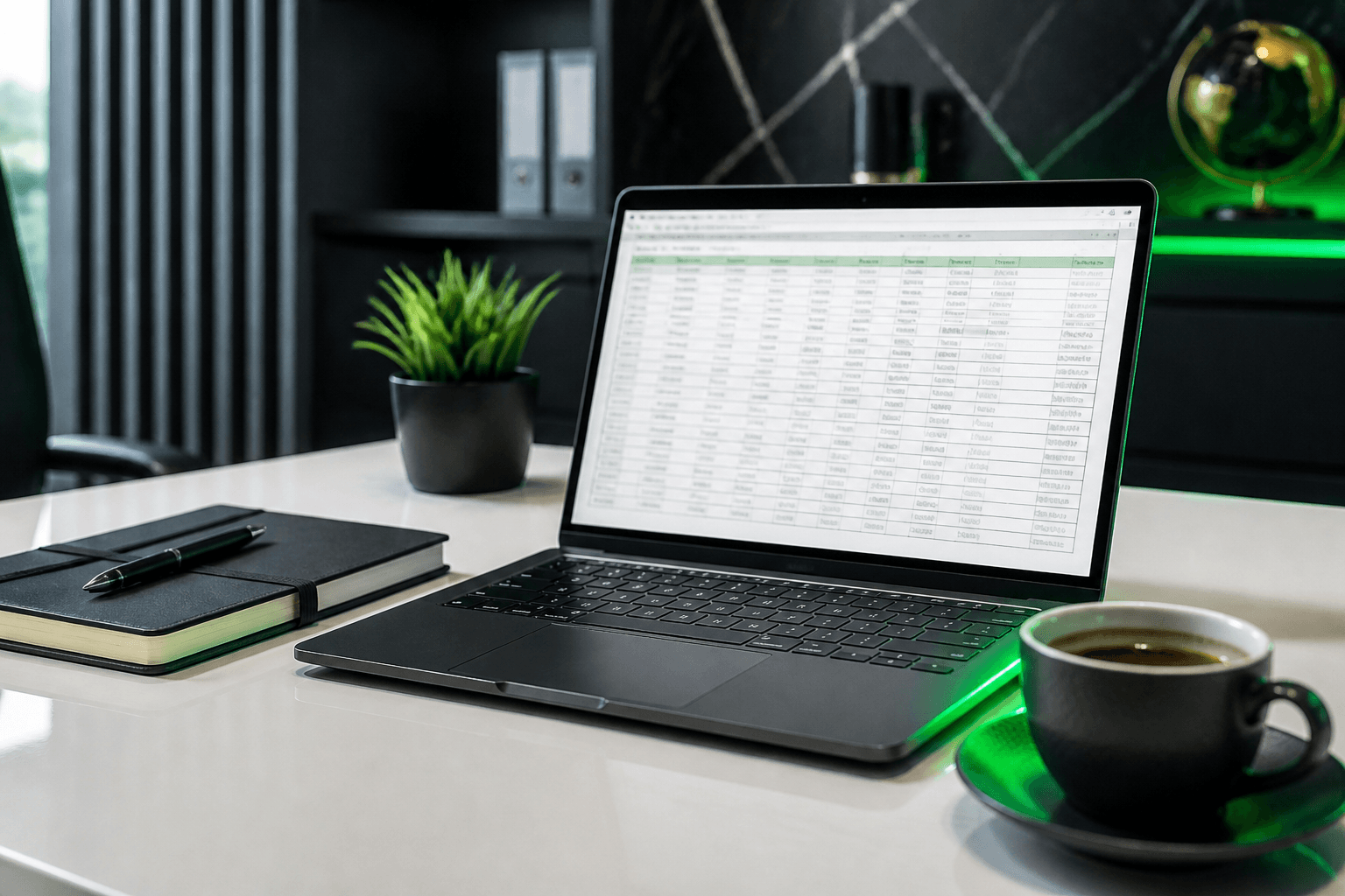 A tax prep office desk with a laptop showing a spreadsheet, a notebook, and a cup of coffee, lit with a neon green accent.